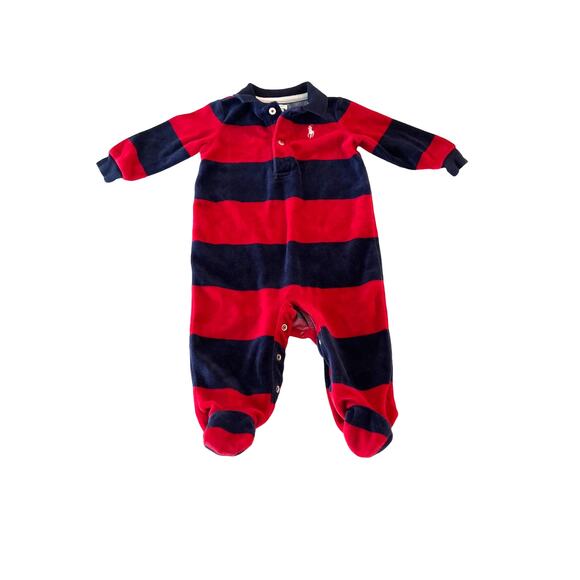 Ralph Lauren Navy Blue Red Striped Velour Onesie Romper Sleeper Size 6M - Picture 1 of 3